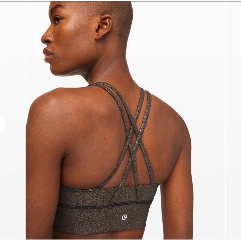 Lululemon Free To Be Serene Bra High Neck Long Line Sparkle Black Gold Size 4